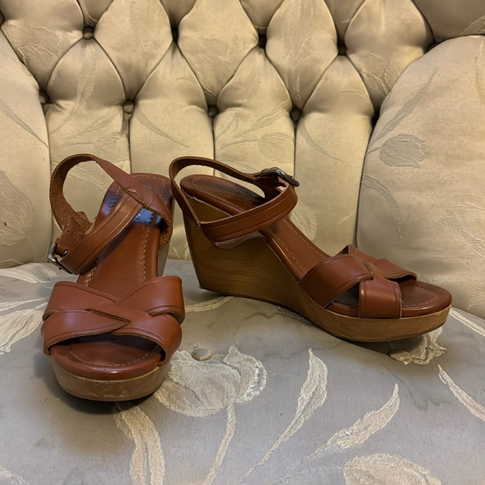Madewell wood and leather platform wedge sandals.